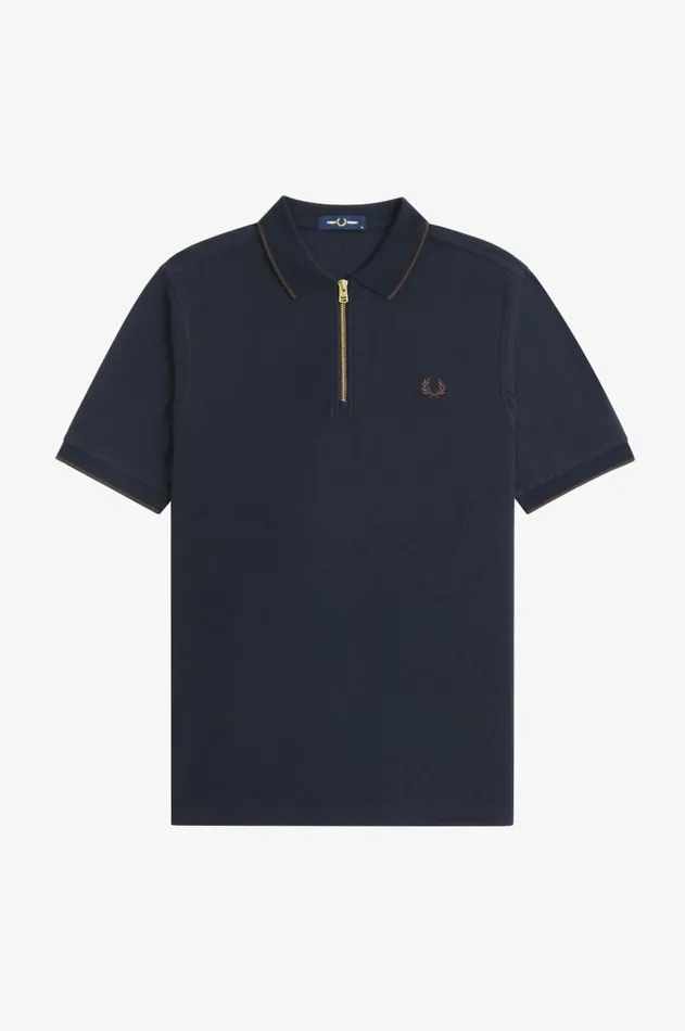 Men Polo Shirts Fred Perry Crepe Piqu Zip Neck Polo Shirt Navy