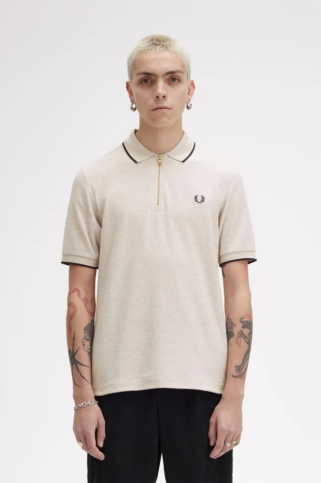 Men Polo Shirts Fred Perry Crepe Piqu Zip Neck Polo Shirt Porridge Marl