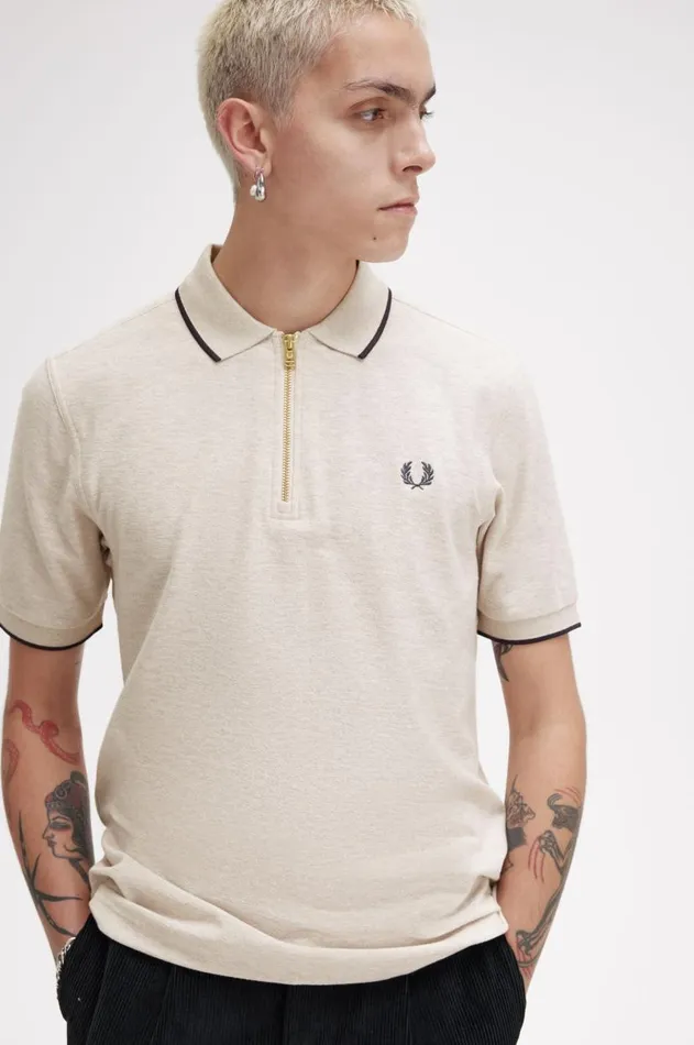 Men Polo Shirts Fred Perry Crepe Piqu Zip Neck Polo Shirt Porridge Marl