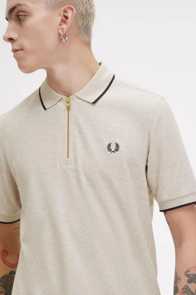 Men Polo Shirts Fred Perry Crepe Piqu Zip Neck Polo Shirt Porridge Marl