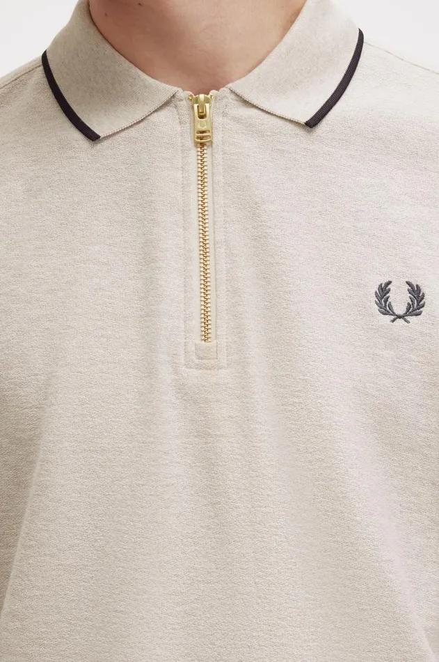 Men Polo Shirts Fred Perry Crepe Piqu Zip Neck Polo Shirt Porridge Marl