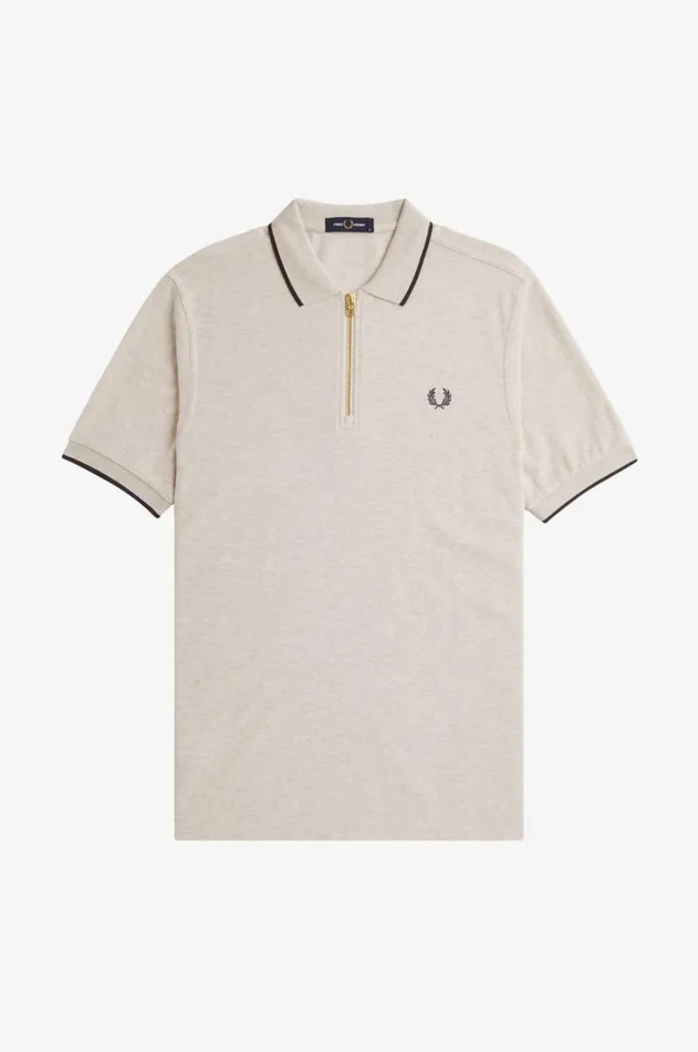 Men Polo Shirts Fred Perry Crepe Piqu Zip Neck Polo Shirt Porridge Marl