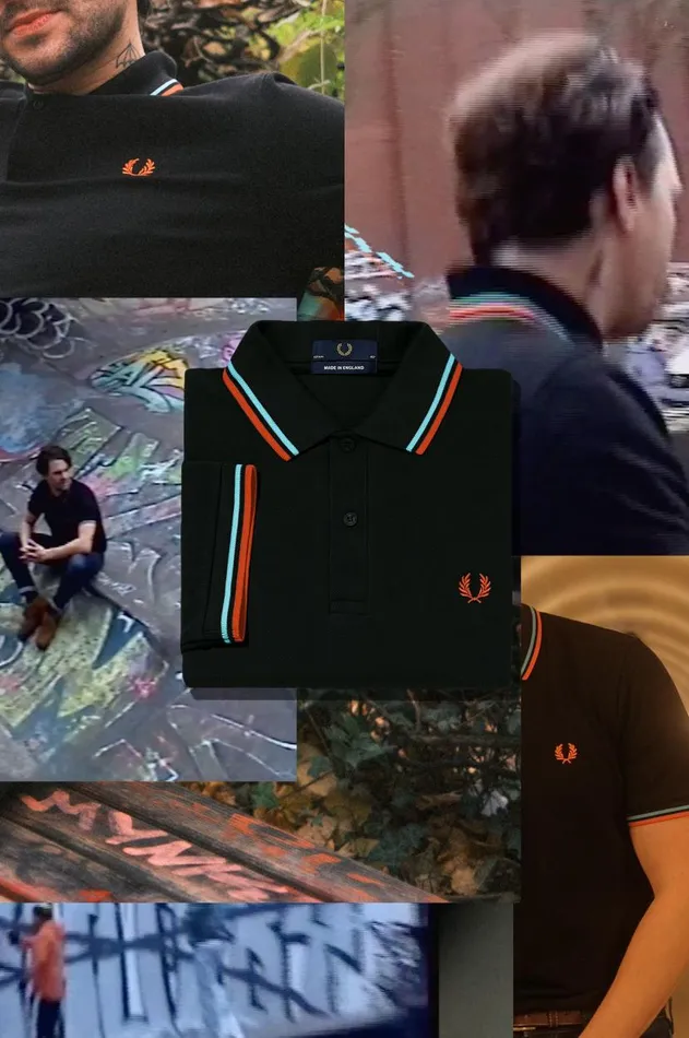 Men Polo Shirts Fred Perry M12 Blackhamburg Sky Blueorange Spray Paint