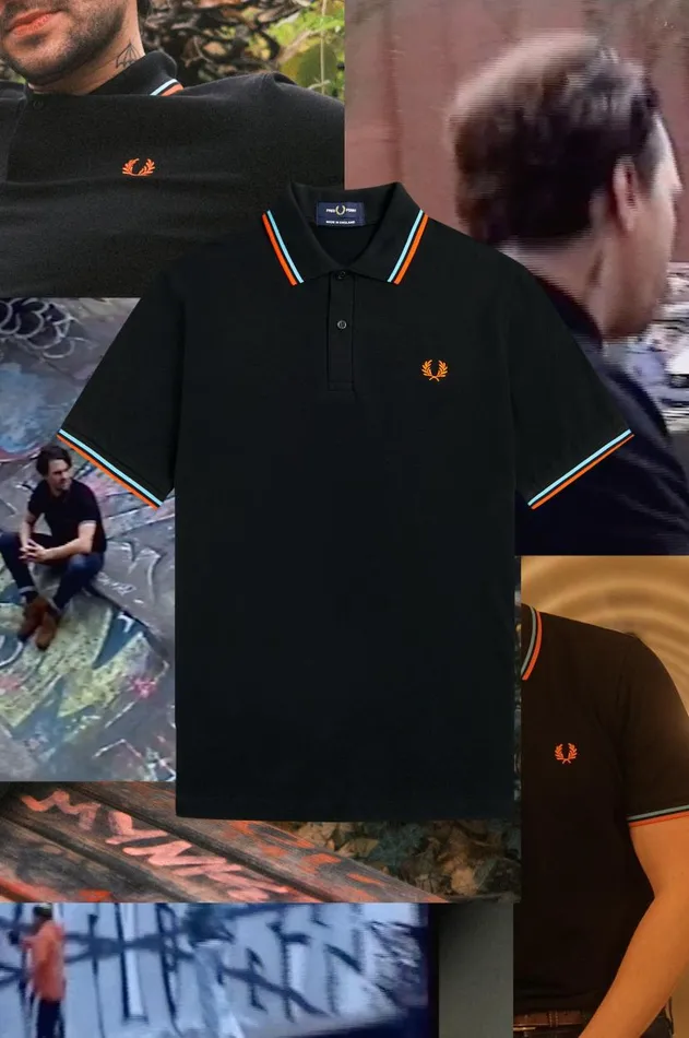 Men Polo Shirts Fred Perry M12 Blackhamburg Sky Blueorange Spray Paint