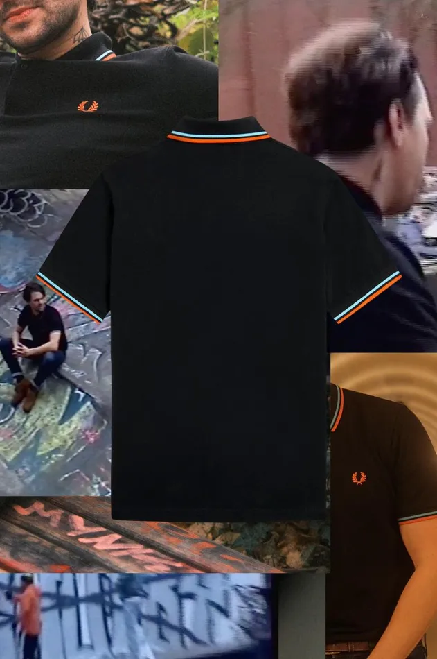 Men Polo Shirts Fred Perry M12 Blackhamburg Sky Blueorange Spray Paint