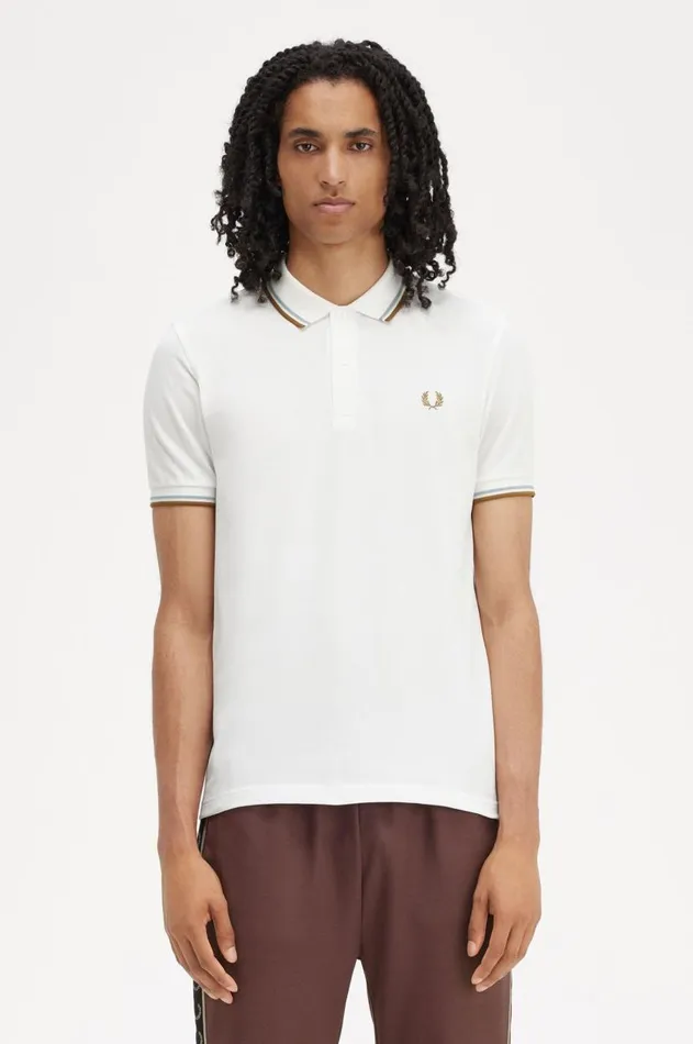 Men Polo Shirts Fred Perry M3600 Snow Whitesilver Bluedark Caramel