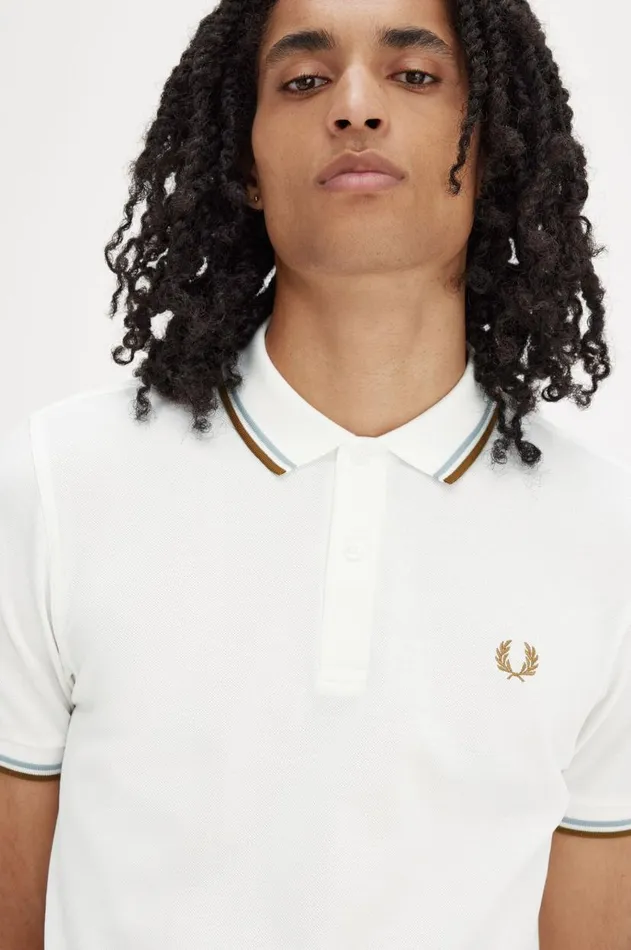 Men Polo Shirts Fred Perry M3600 Snow Whitesilver Bluedark Caramel