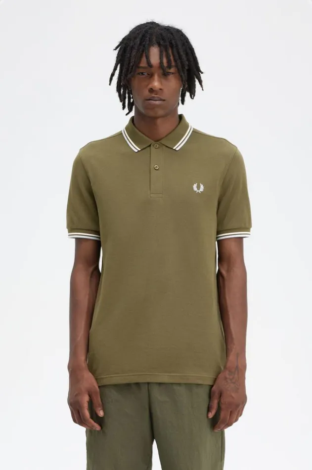 Men Polo Shirts Fred Perry M3600 Uniform Greensnow Whitelight Ice