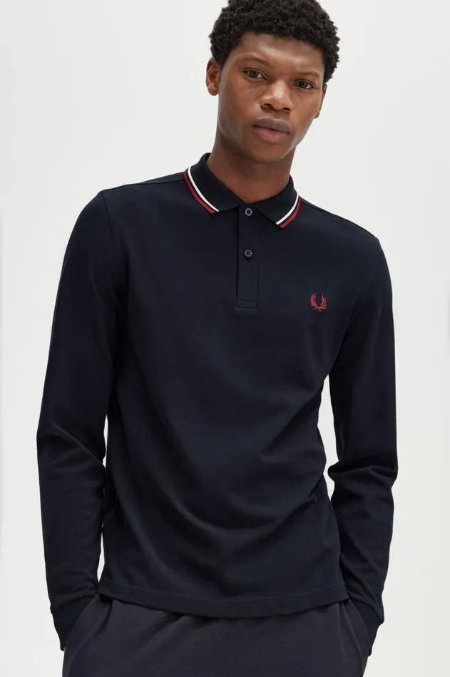 Men Polo Shirts Fred Perry M3636 Navysnow Whiteburnt Red