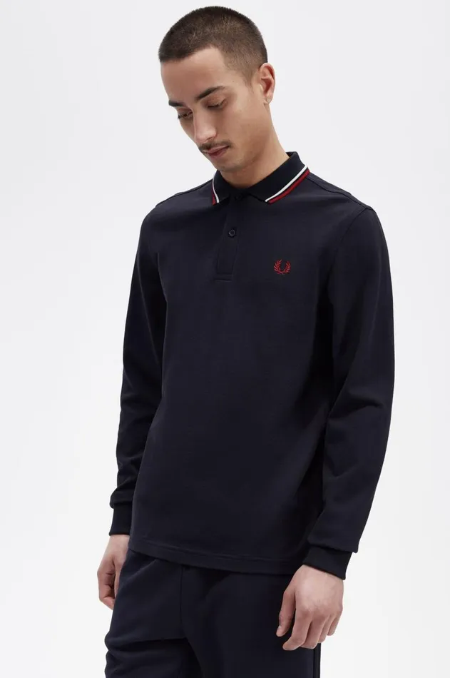Men Polo Shirts Fred Perry M3636 Navysnow Whiteburnt Red