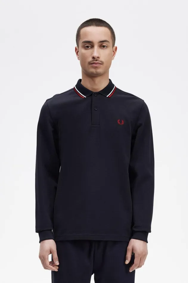 Men Polo Shirts Fred Perry M3636 Navysnow Whiteburnt Red