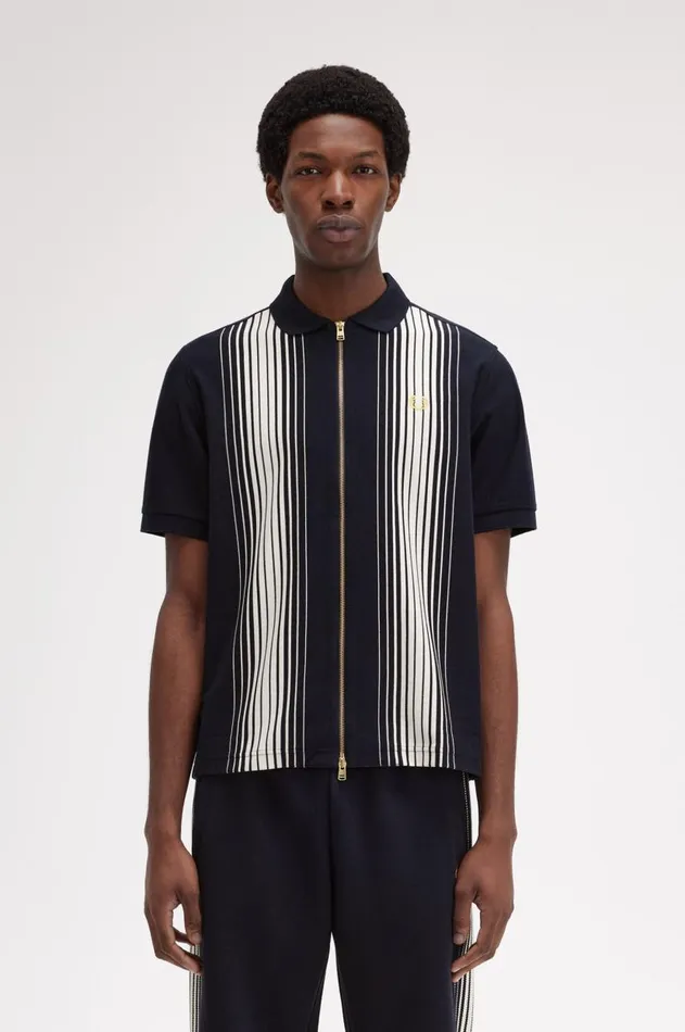 Men Polo Shirts Fred Perry Ombre Stripe Zip Through Polo Shirt Navy