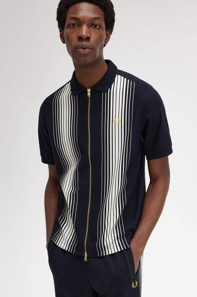 Men Polo Shirts Fred Perry Ombre Stripe Zip Through Polo Shirt Navy