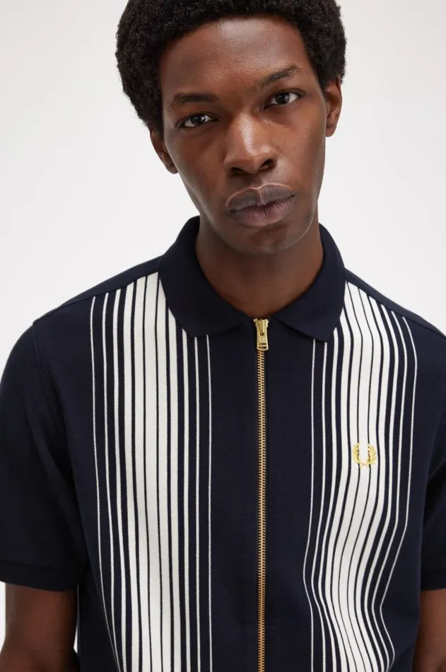 Men Polo Shirts Fred Perry Ombre Stripe Zip Through Polo Shirt Navy