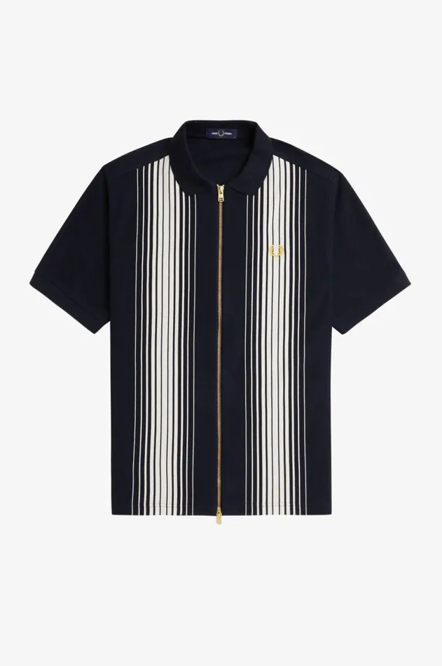 Men Polo Shirts Fred Perry Ombre Stripe Zip Through Polo Shirt Navy