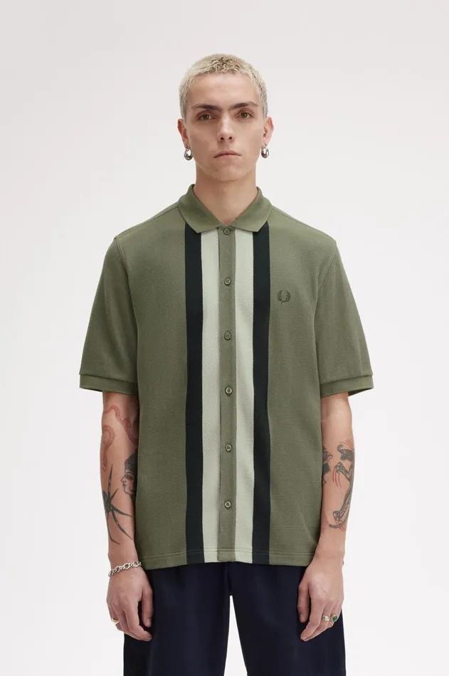 Men Polo Shirts Fred Perry Panelled Button Through Polo Shirt Laurel Wreath Green