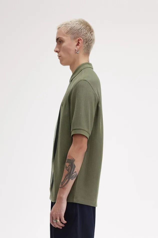 Men Polo Shirts Fred Perry Panelled Button Through Polo Shirt Laurel Wreath Green