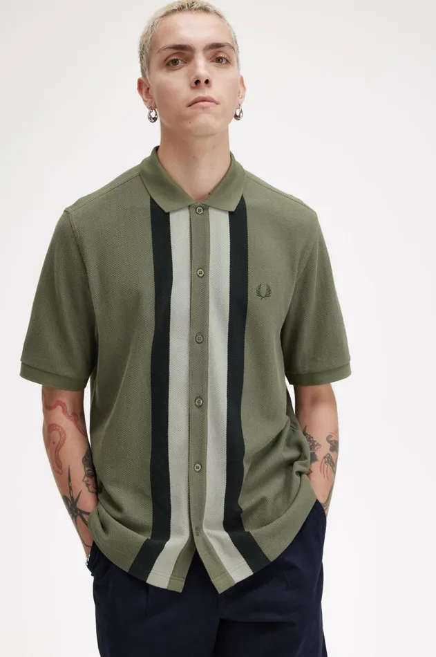 Men Polo Shirts Fred Perry Panelled Button Through Polo Shirt Laurel Wreath Green