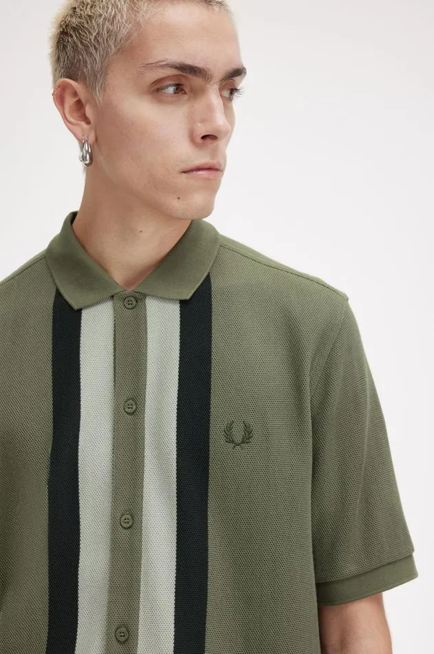 Men Polo Shirts Fred Perry Panelled Button Through Polo Shirt Laurel Wreath Green