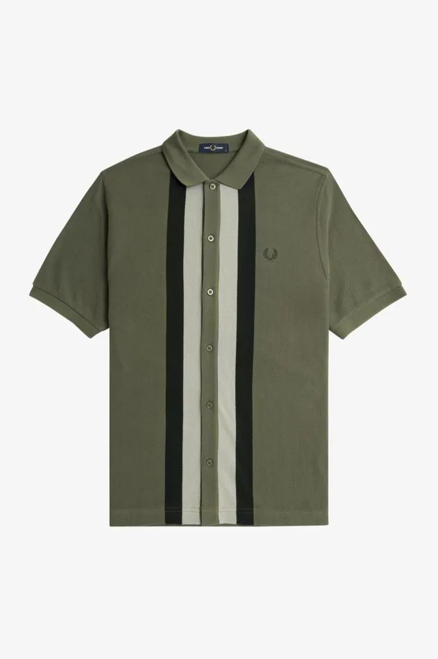 Men Polo Shirts Fred Perry Panelled Button Through Polo Shirt Laurel Wreath Green