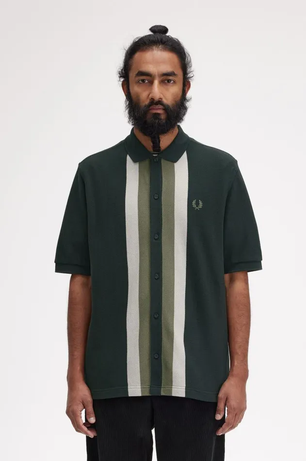 Men Polo Shirts Fred Perry Panelled Button Through Polo Shirt Night Green