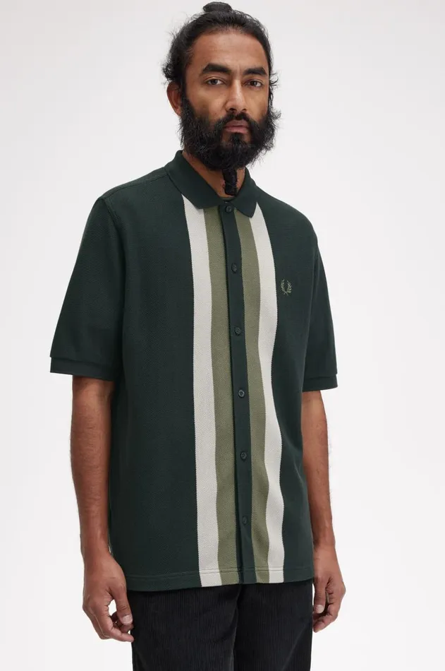 Men Polo Shirts Fred Perry Panelled Button Through Polo Shirt Night Green