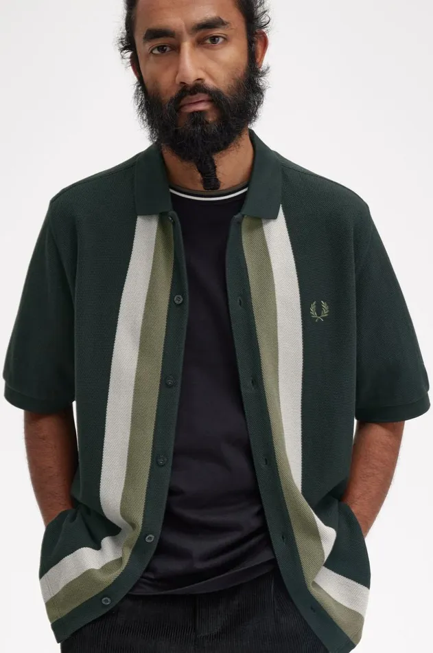 Men Polo Shirts Fred Perry Panelled Button Through Polo Shirt Night Green