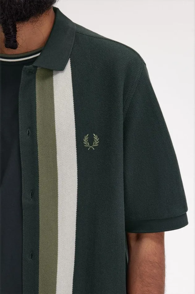 Men Polo Shirts Fred Perry Panelled Button Through Polo Shirt Night Green