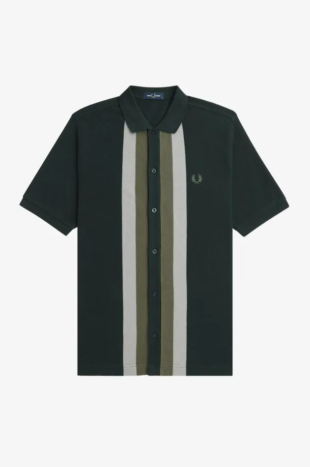 Men Polo Shirts Fred Perry Panelled Button Through Polo Shirt Night Green