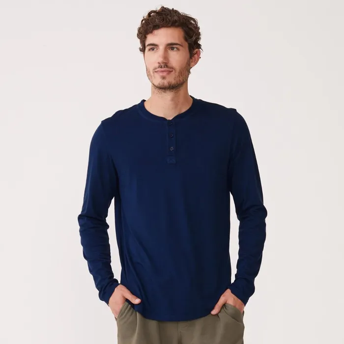 Men Sale MONROW Long Sleeve Henley Navy Blue