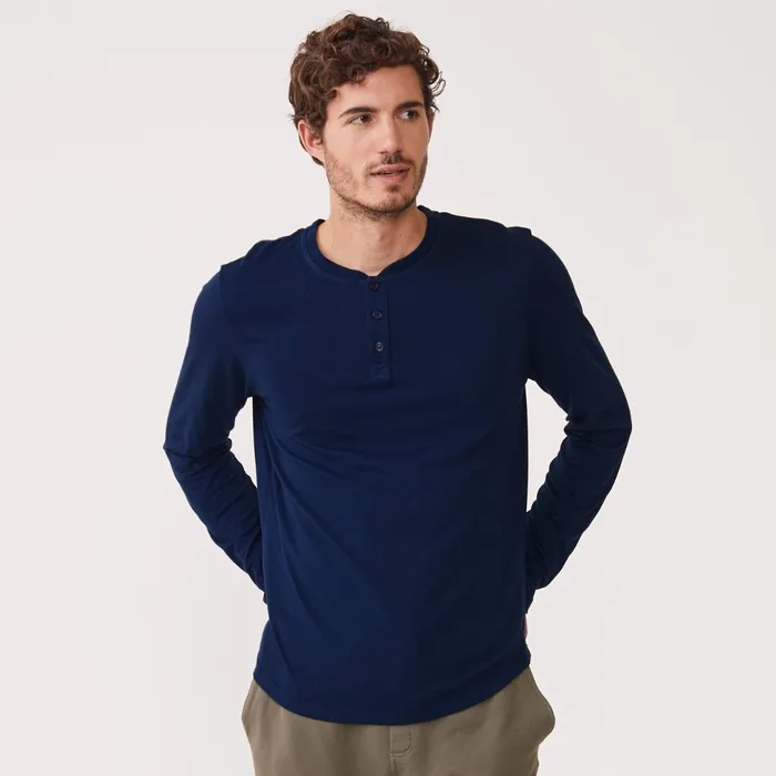 Men Sale MONROW Long Sleeve Henley Navy Blue