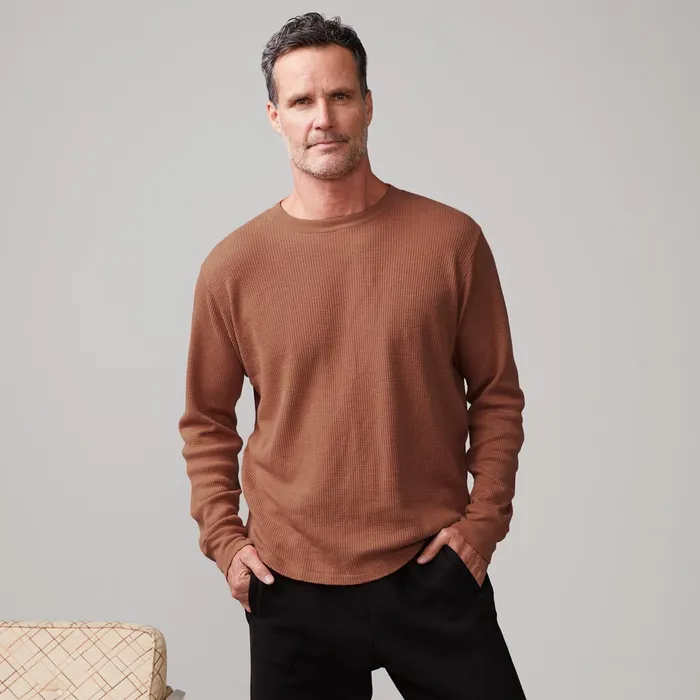 Men Sale MONROW Thermal Long Sleeve Crew Caramel