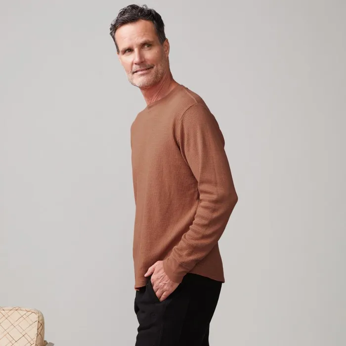 Men Sale MONROW Thermal Long Sleeve Crew Caramel