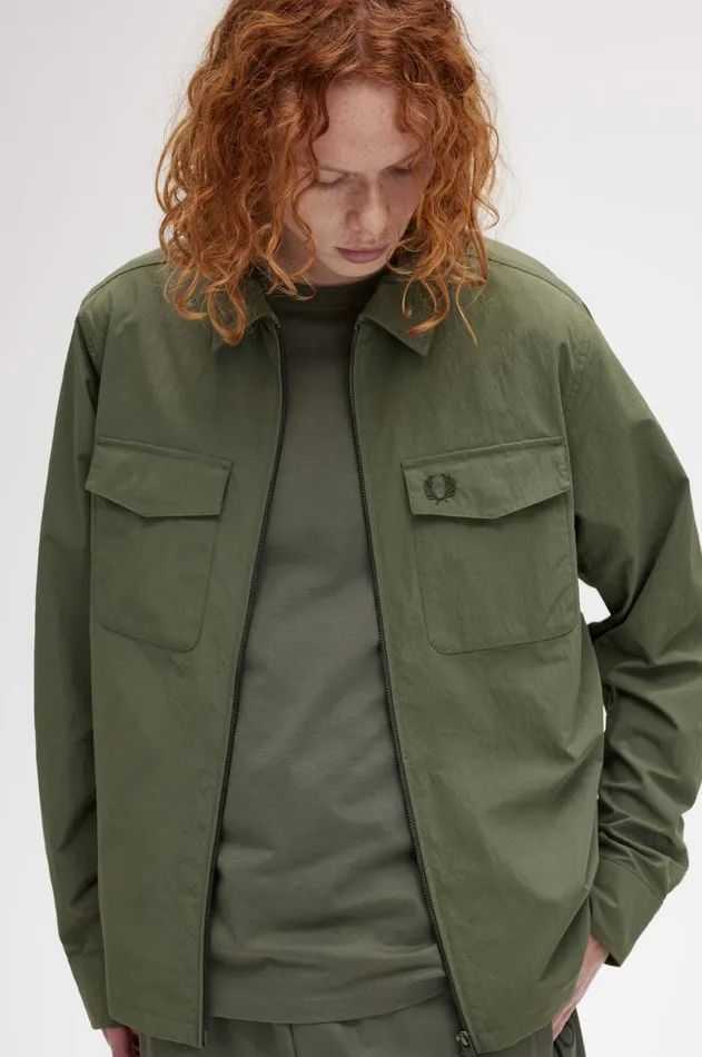 Men Shirts Fred Perry Textured ZipThrough Overshirt Laurel Wreath Green