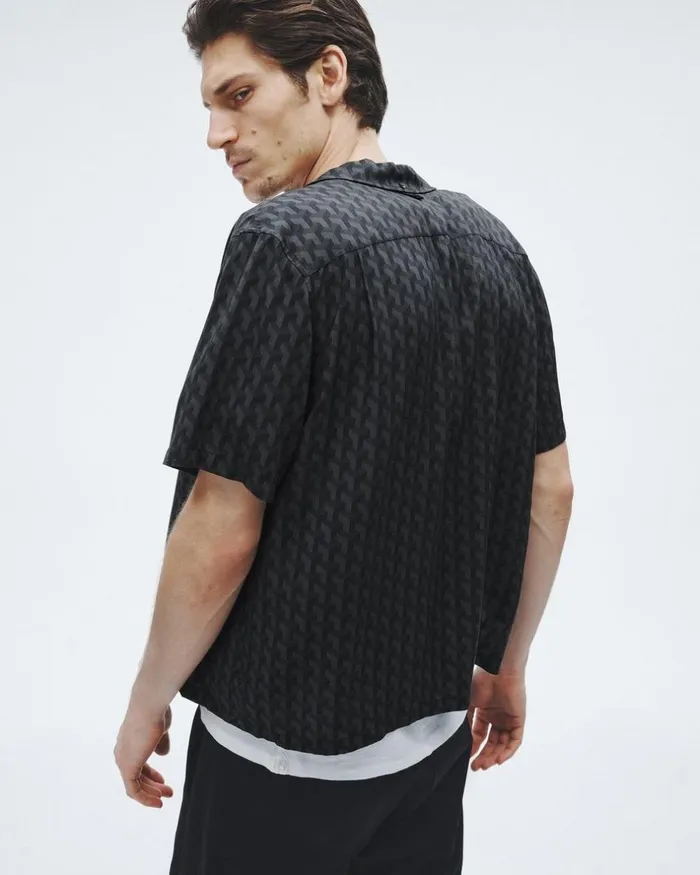 Men Shirts Rag 038 Bone Avery Printed Viscose Shirt Black Geometric Stud