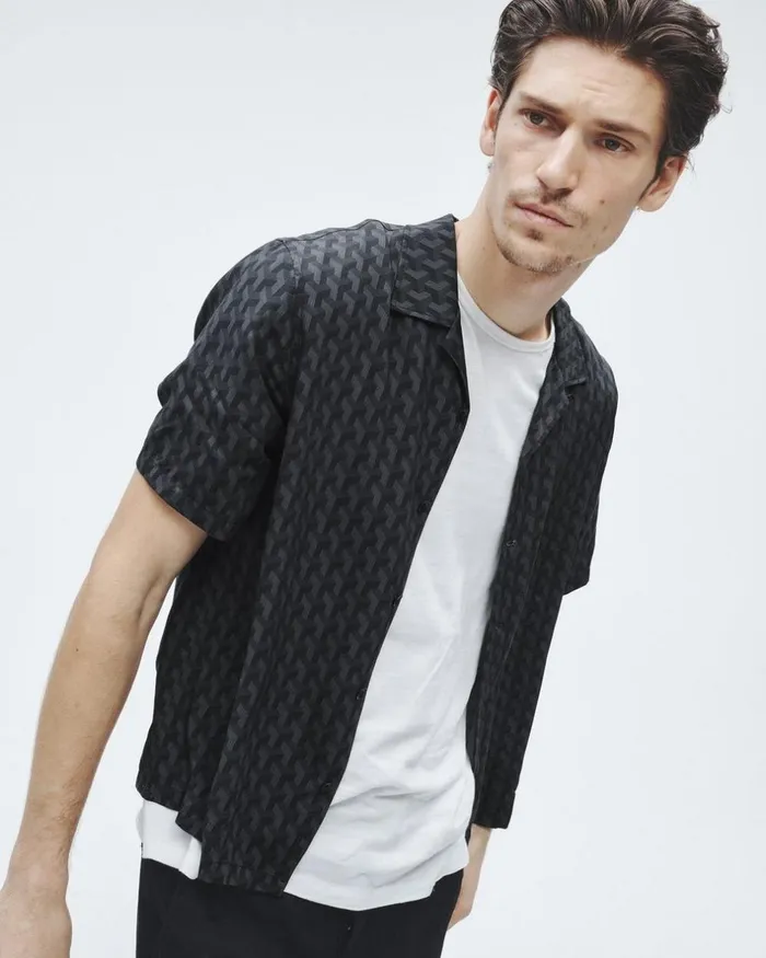 Men Shirts Rag 038 Bone Avery Printed Viscose Shirt Black Geometric Stud