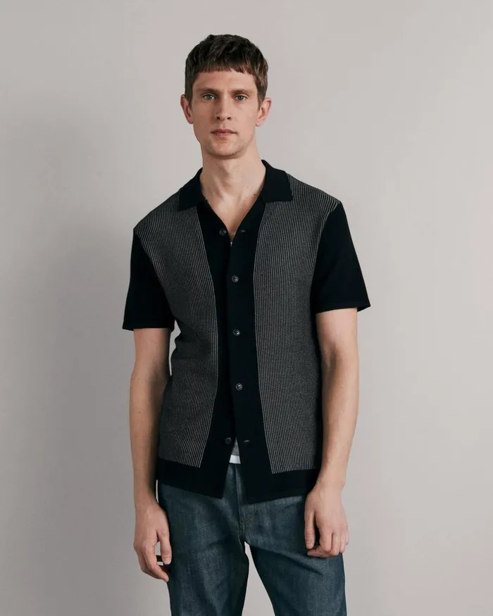 Men Shirts Rag 038 Bone Harvey Cotton Knit Camp Shirt Black White