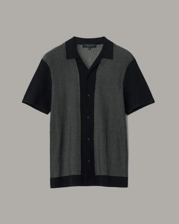 Men Shirts Rag 038 Bone Harvey Cotton Knit Camp Shirt Black White