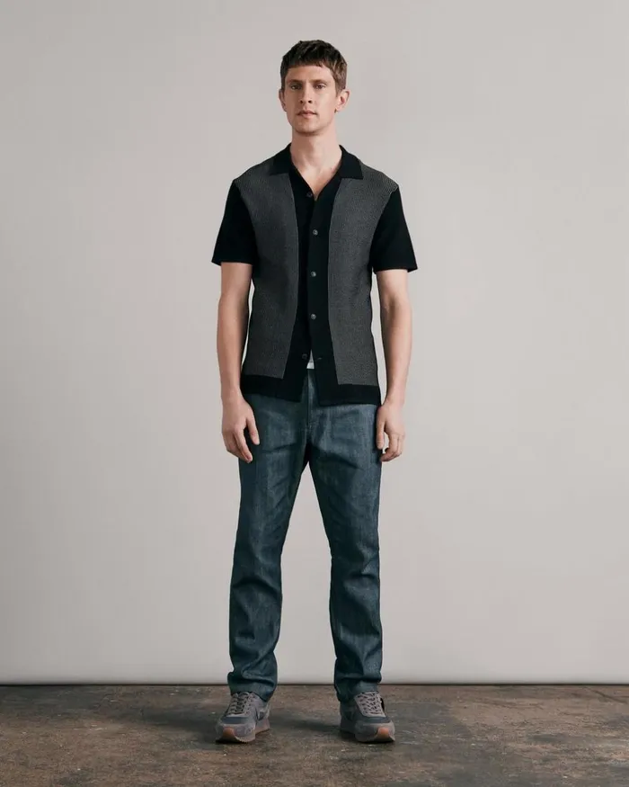 Men Shirts Rag 038 Bone Harvey Cotton Knit Camp Shirt Black White