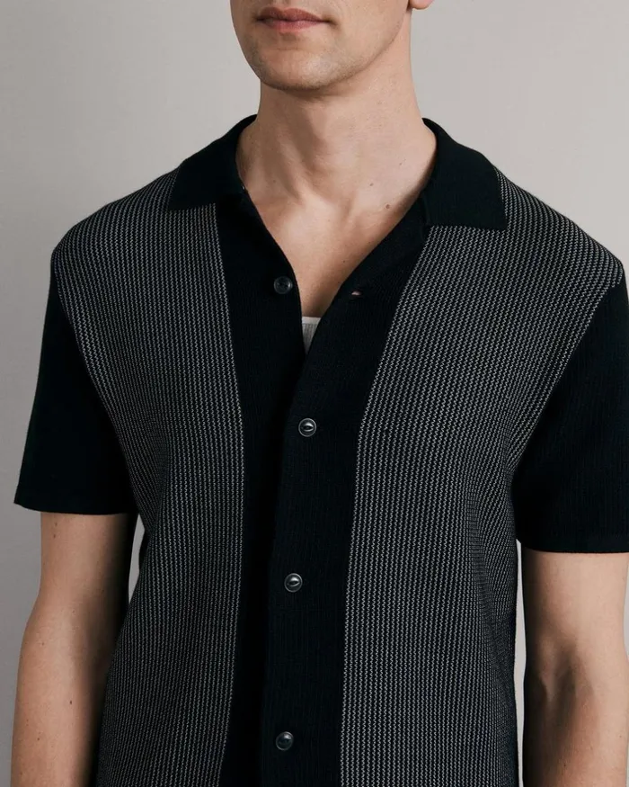 Men Shirts Rag 038 Bone Harvey Cotton Knit Camp Shirt Black White
