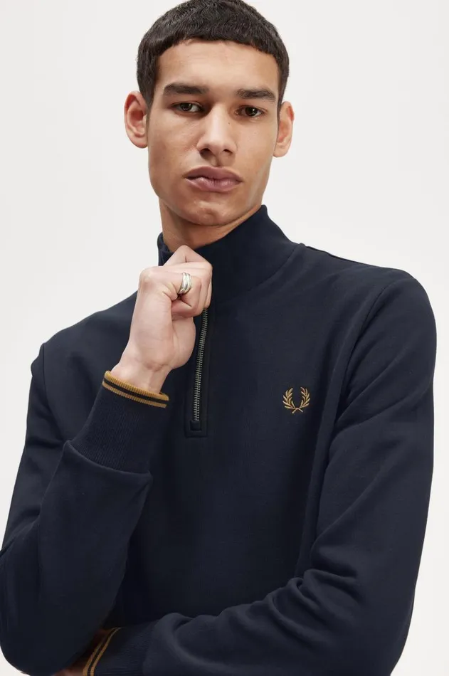 Men Sweatshirts Fred Perry Half Zip Sweatshirt Navydark Caramel
