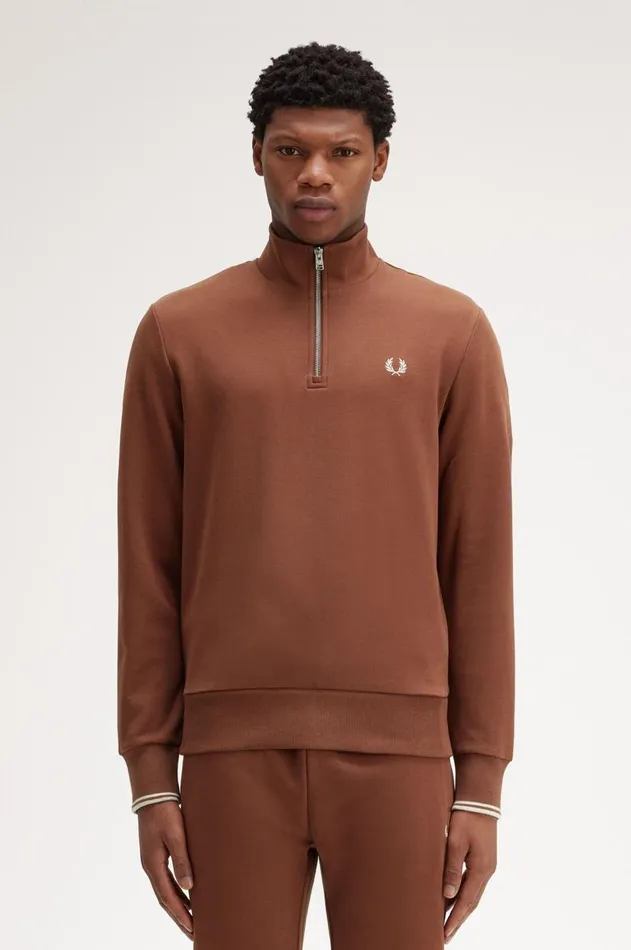 Men Sweatshirts Fred Perry Half Zip Sweatshirt Whisky Brownporridge Marl