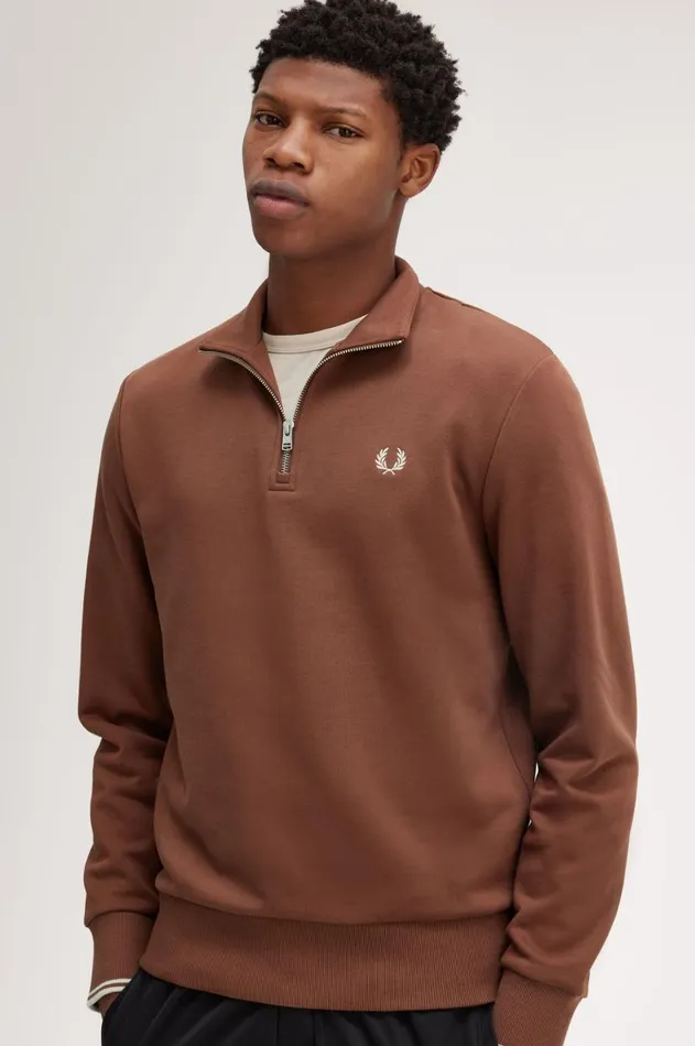 Men Sweatshirts Fred Perry Half Zip Sweatshirt Whisky Brownporridge Marl