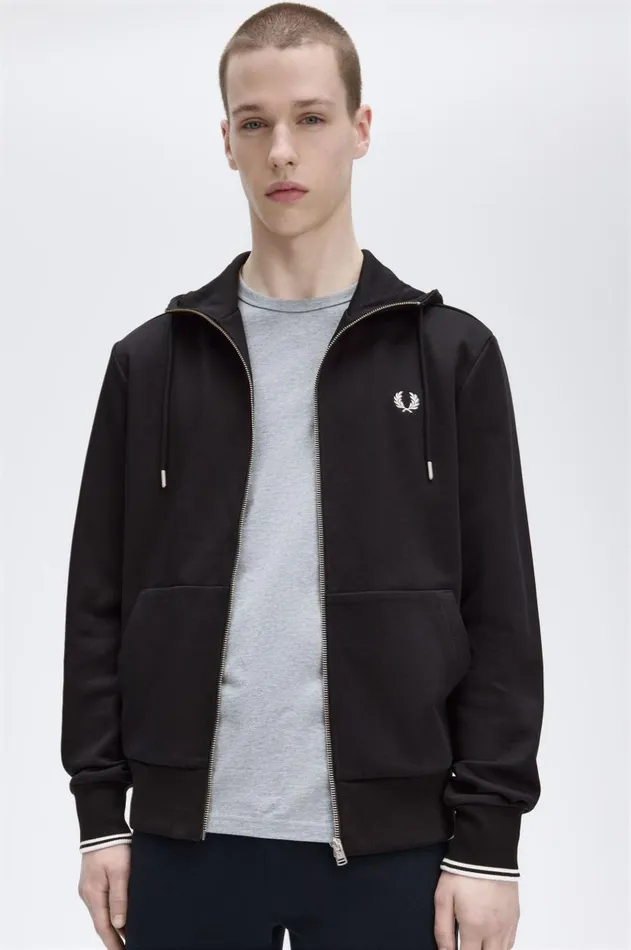 Men Sweatshirts Fred Perry Hooded Zip Through Sweatshirt Black
