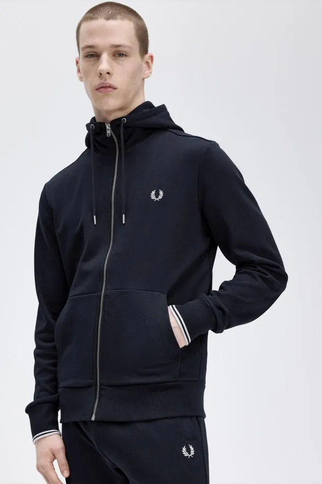 Men Sweatshirts Fred Perry Hooded Zip Through Sweatshirt Navy
