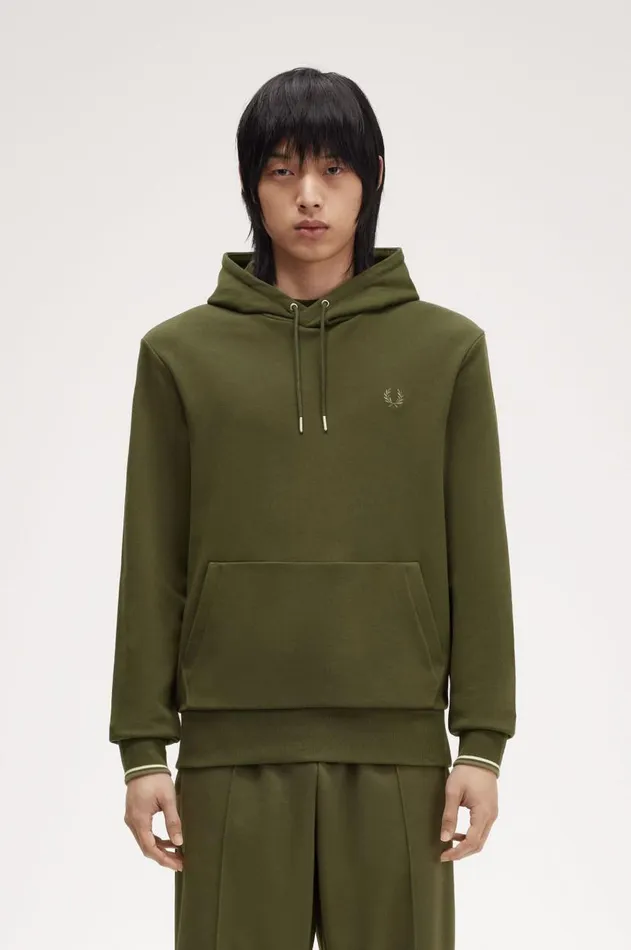 Men Sweatshirts Fred Perry Tipped Hooded Sweatshirt Hunting Greenlight Oysterlaurel Wreath Green