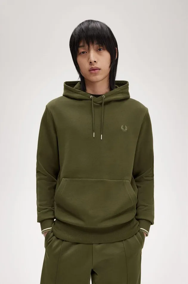 Men Sweatshirts Fred Perry Tipped Hooded Sweatshirt Hunting Greenlight Oysterlaurel Wreath Green