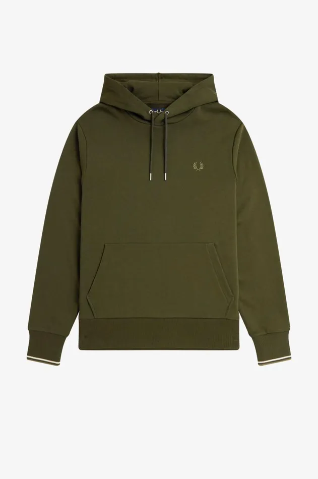 Men Sweatshirts Fred Perry Tipped Hooded Sweatshirt Hunting Greenlight Oysterlaurel Wreath Green