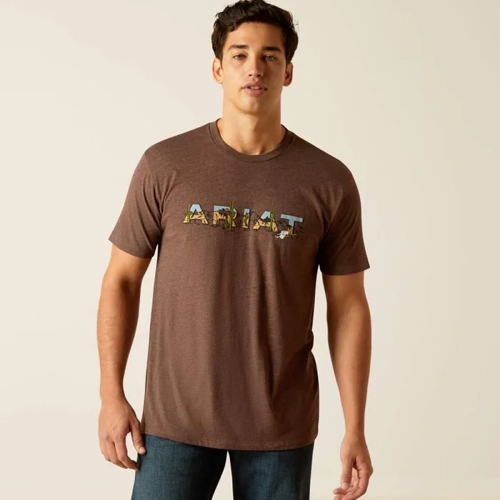 Men TShirts and Polos Ariat Ariat Logo SW Landscape TShirt Brown Heather
