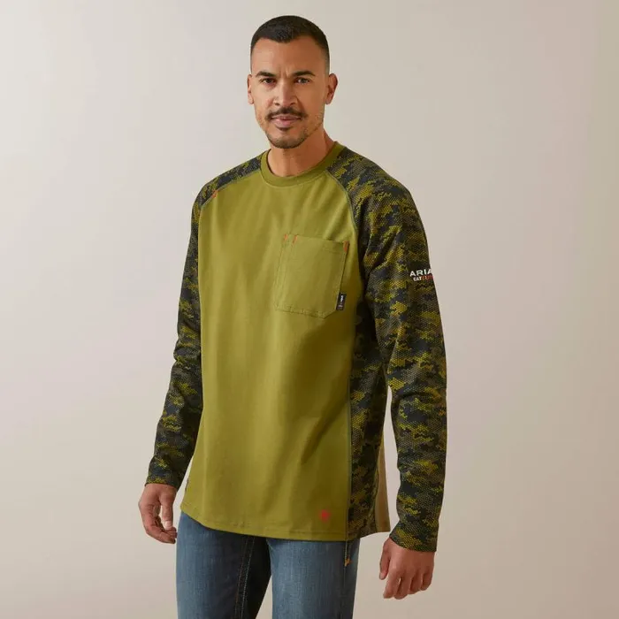 Men TShirts and Polos Ariat FR Stretch Camo Baseball TShirt Avocado Camo